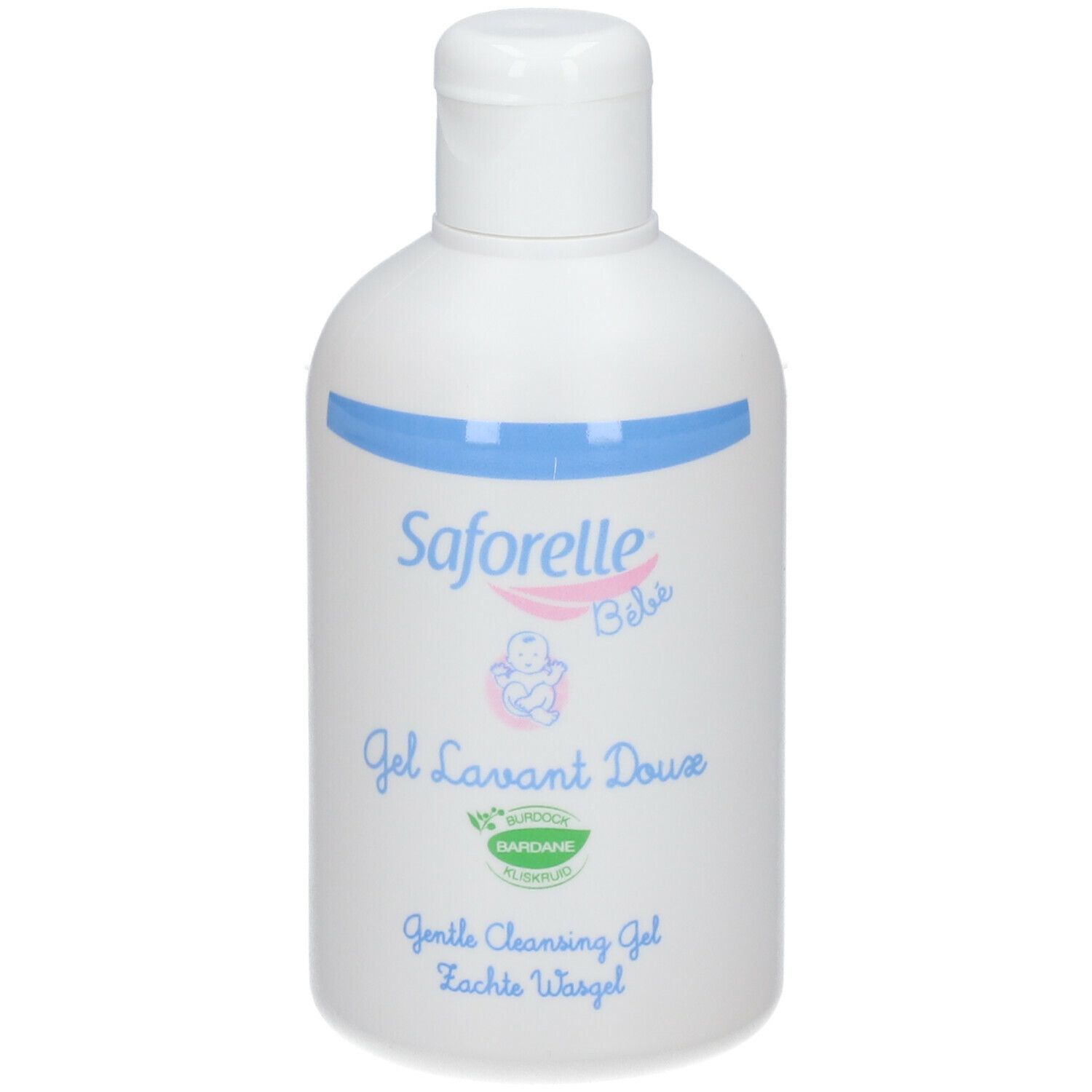 Flacon blanc avec bande bleue et logo Saforelle Bébé. Gel Lavant Doux, Gentle Cleansing Gel. Avec bouchon.