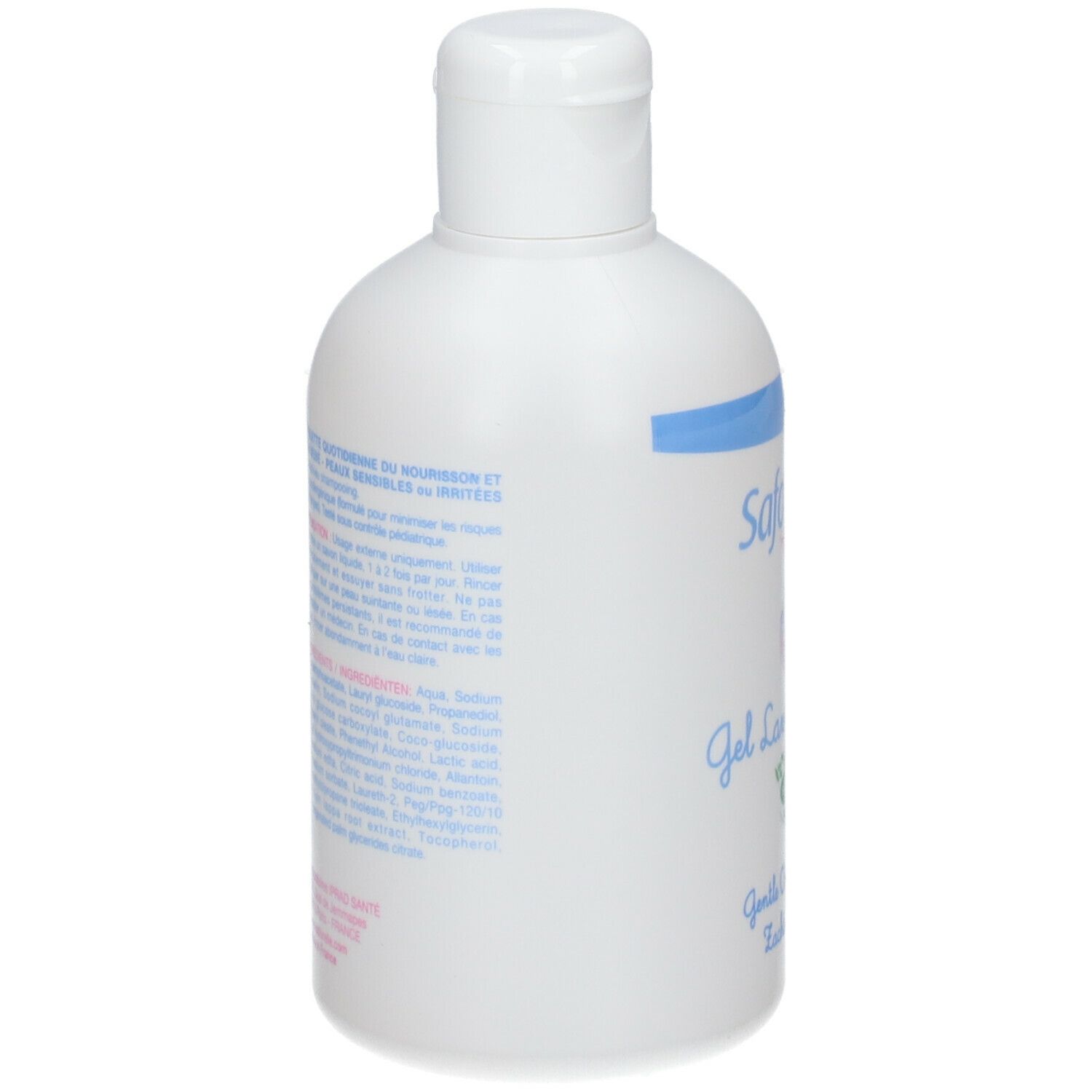 Flacon blanc avec texte. Saforelle Bébé, Gel Lavant Doux. Texte sur l'utilisation et les ingrédients. Avec bouchon.