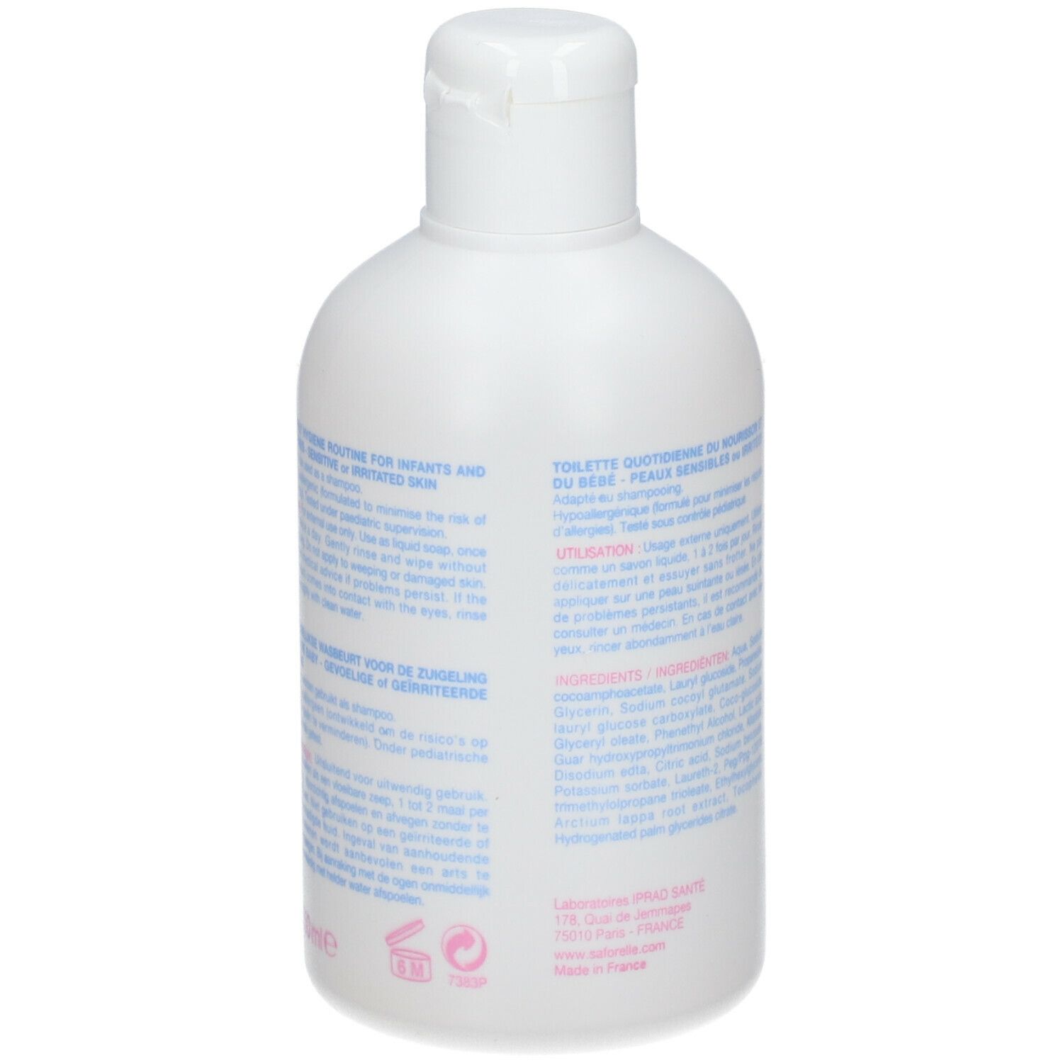 Flacon blanc avec texte. Saforelle Bébé, Gel Lavant Doux. Texte sur l'utilisation et les ingrédients. Avec bouchon.