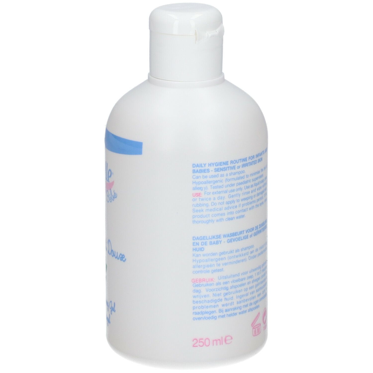 Flacon blanc avec texte. Saforelle Bébé, Gel Lavant Doux. Texte sur l'utilisation et les ingrédients. Avec bouchon.