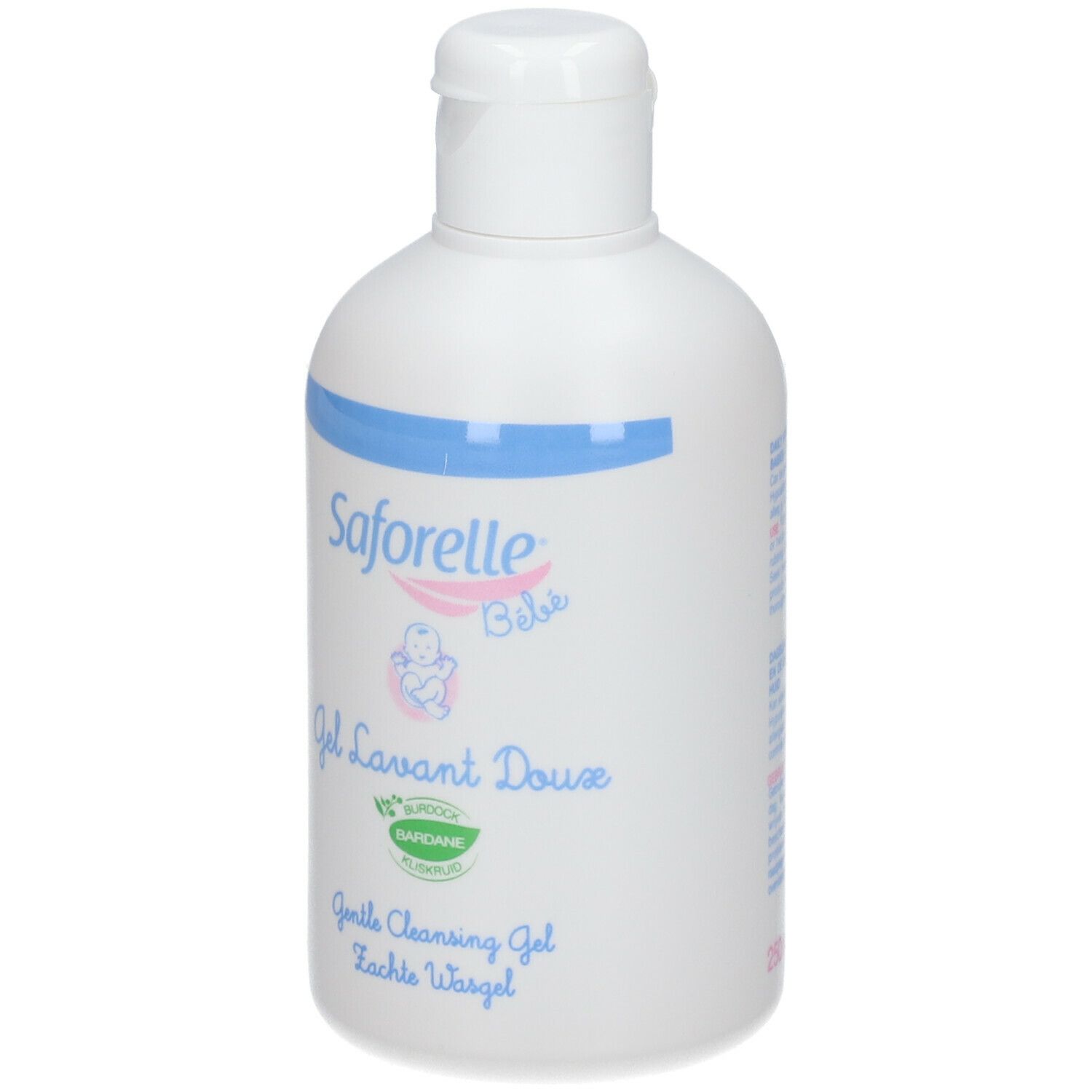 Flacon blanc avec bande bleue et logo Saforelle Bébé. Gel Lavant Doux, Gentle Cleansing Gel. Avec bouchon.