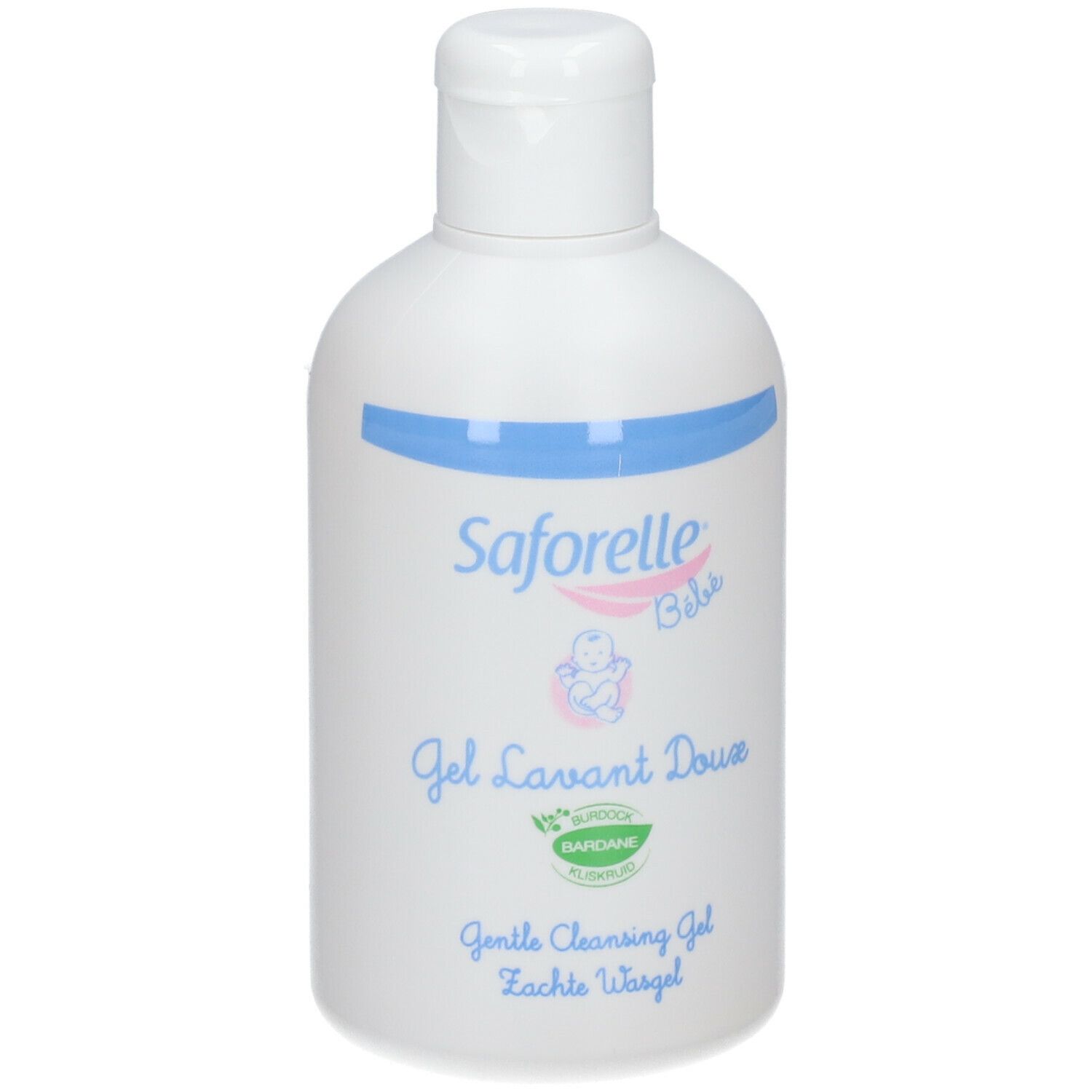 Flacon blanc avec bande bleue et logo Saforelle Bébé. Gel Lavant Doux, Gentle Cleansing Gel. Avec bouchon.
