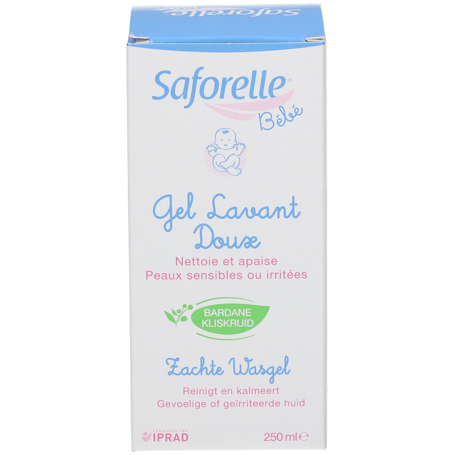 Boîte avec logo Saforelle Bébé. Gel Lavant Doux, Zachte Wasgel. 250 ml. Avec texte et logo.