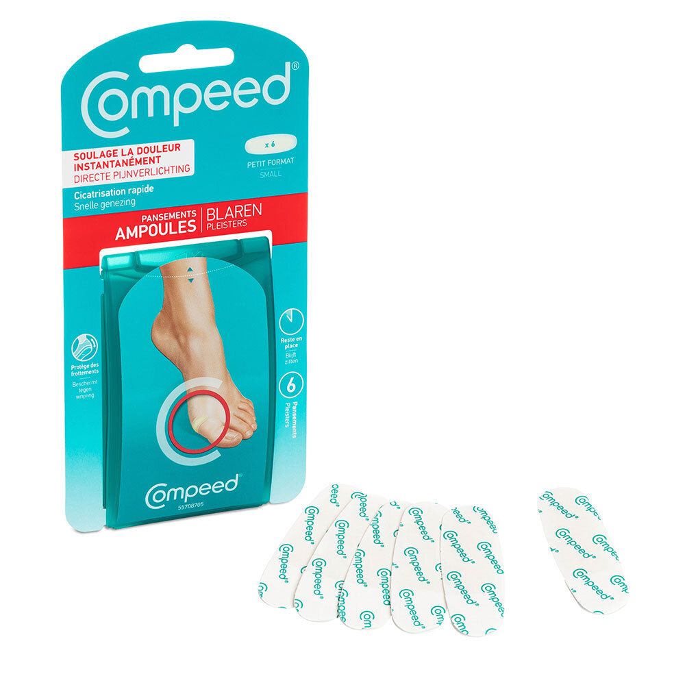 Paquet de Compeed ampoules et pansements individuels. Pied avec ampoule. Texte: AMPULES, BLAREN, CICATRISATION RAPIDE.