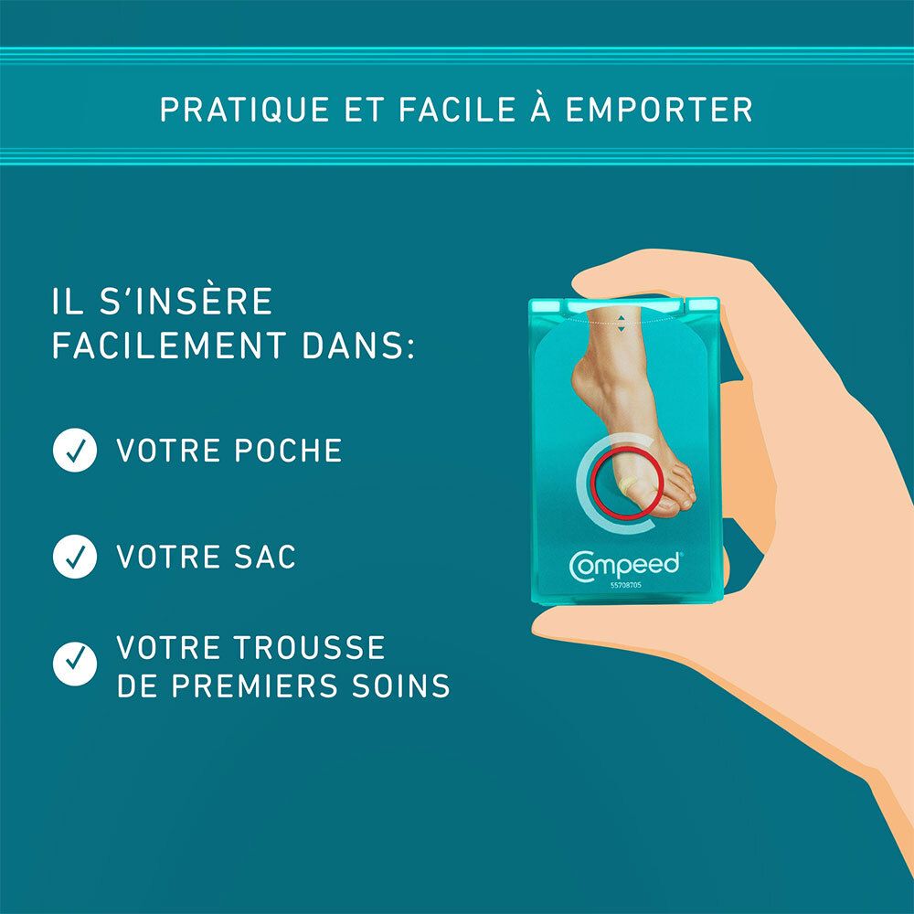 Graphique: Compeed ampoules. Texte: PRATIQUE ET FACILE À EMPORTER. Tient dans une poche, un sac, une trousse de secours.