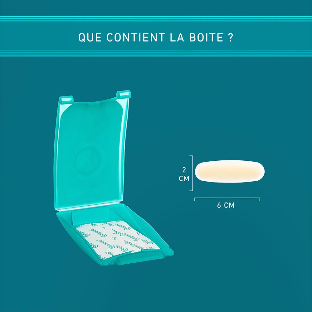 Emballage ouvert avec ampoule Compeed. Dimensions: 6 cm x 2 cm. Texte: QUE CONTIENT LA BOITE?