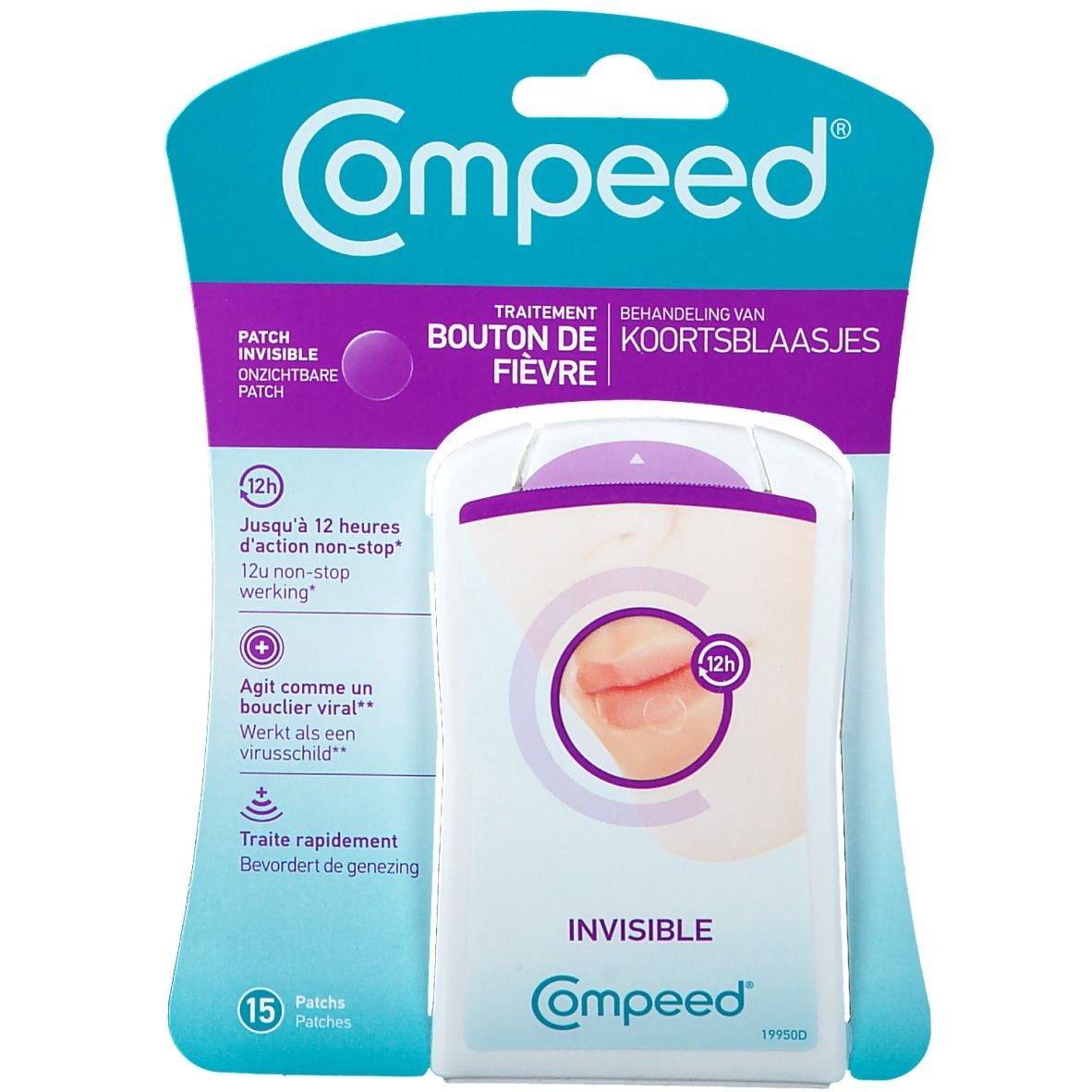 Emballage de patchs Compeed pour boutons de fièvre. Emballage turquoise et blanc avec nom et caractéristiques du produit. 15 patchs.