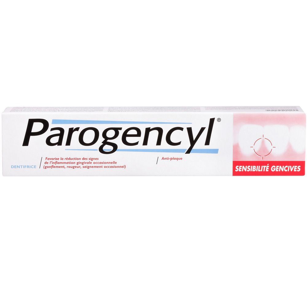 Tube de dentifrice sur fond blanc. Inscription Parogencyl. Zone rouge avec symbole de gencives. Texte : Sensibilité Gencives.
