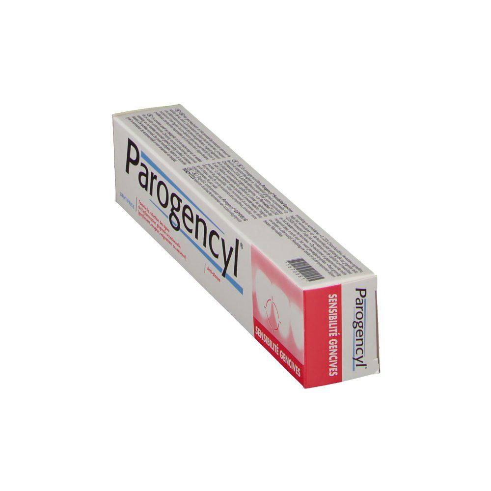 Emballage de dentifrice. Blanc, avec inscription Parogencyl. Zone rouge avec symbole de gencives. Texte : Sensibilité Gencives.