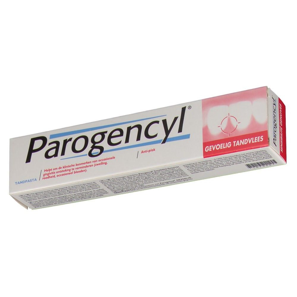 Emballage de dentifrice. Blanc, avec inscription Parogencyl. Zone rouge avec symbole de gencives. Texte : Gevoelig Tandvlees.