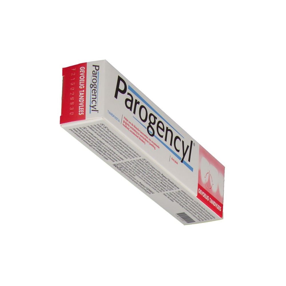 Emballage de dentifrice. Blanc, avec inscription Parogencyl. Zone rouge avec symbole de gencives. Texte : Gevoelig Tandvlees.