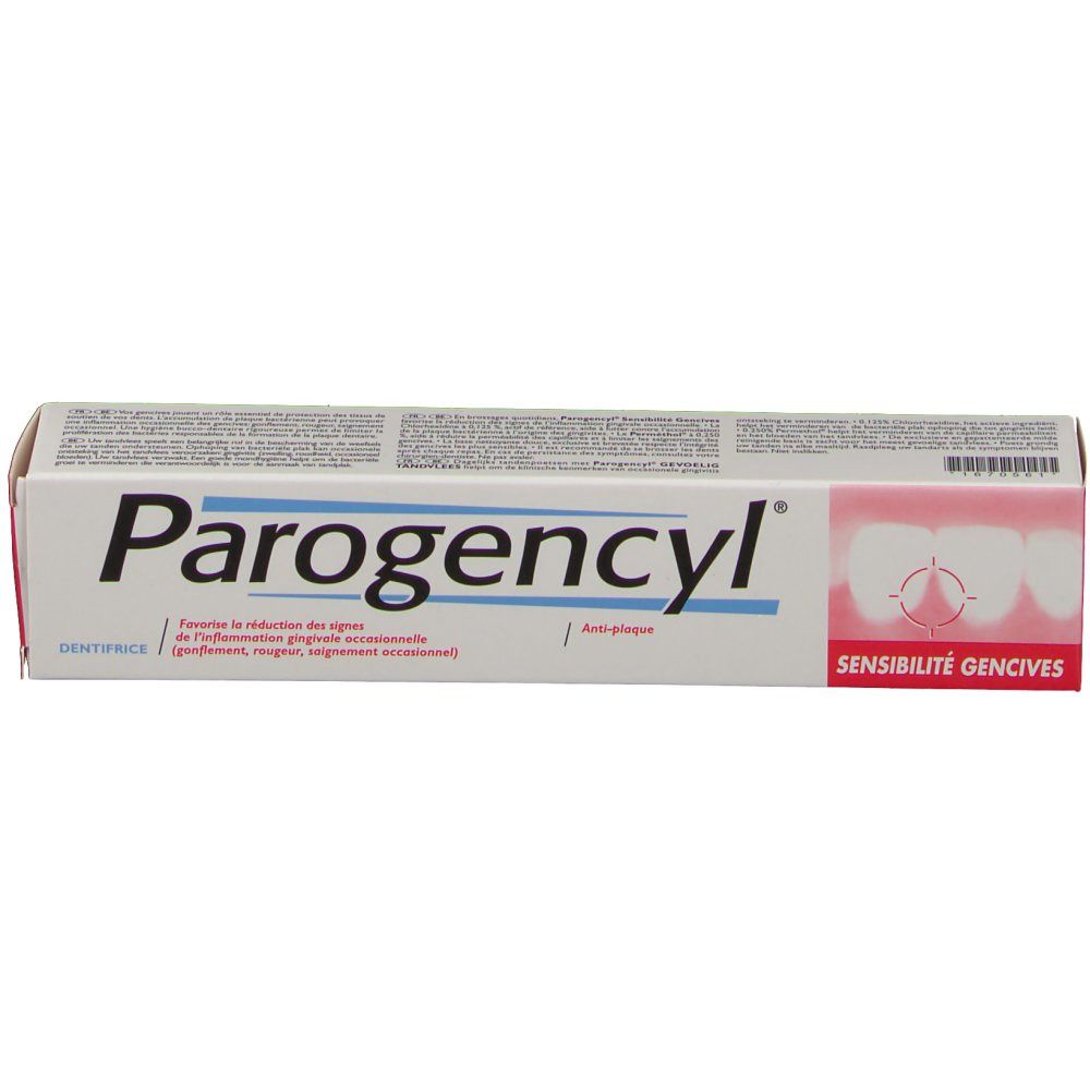Emballage de dentifrice. Blanc, avec inscription Parogencyl. Zone rouge avec symbole de gencives. Texte : Sensibilité Gencives.