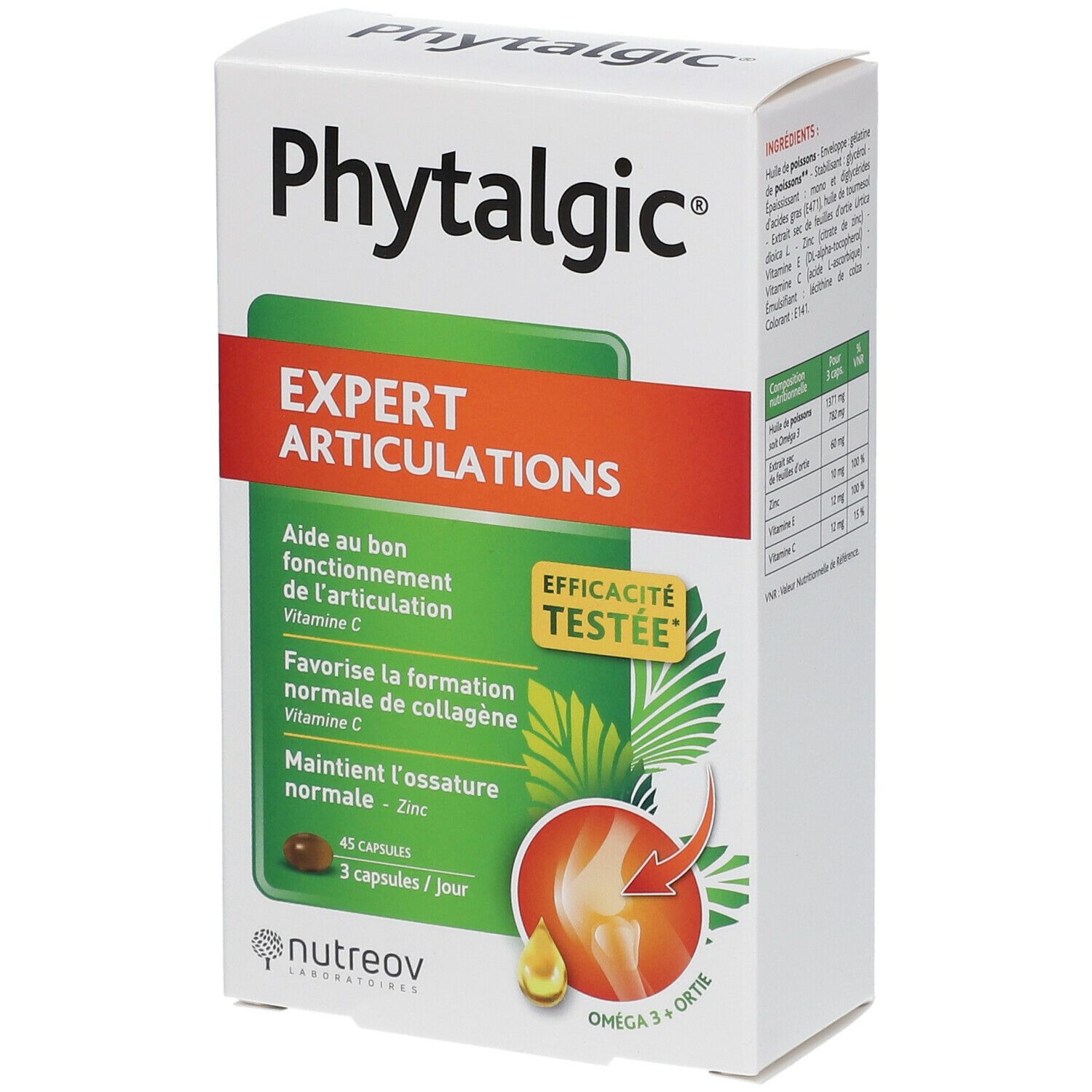 Boîte Phytalgic, Expert Articulations. Contient 45 capsules. Design vert et orange. Marque Nutreov. Efficacité testée.