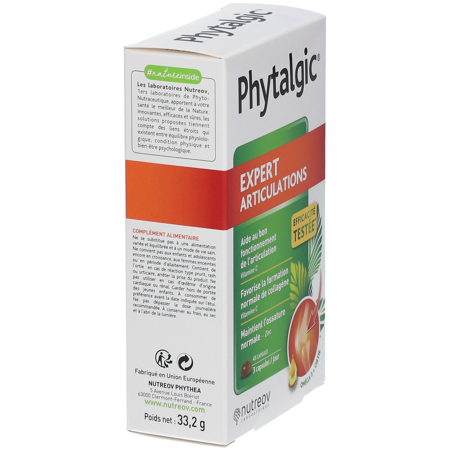Emballage du produit Phytalgic. Texte 'Expert Articulations'. Contient des informations sur les ingrédients et la marque Nutreov.