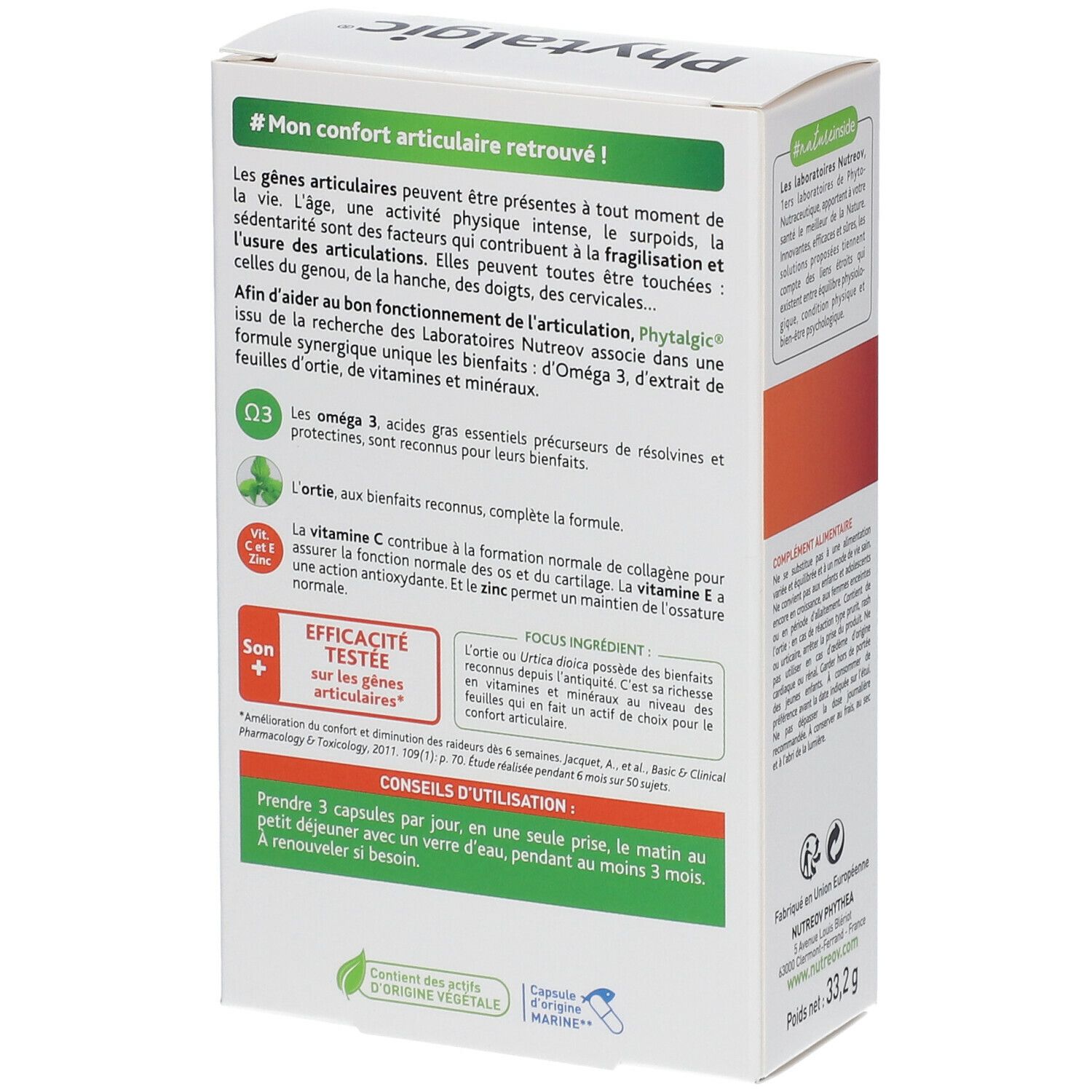Dos de l'emballage Phytalgic. Texte 'Expert Articulations'. Contient des informations sur l'utilisation et les ingrédients.