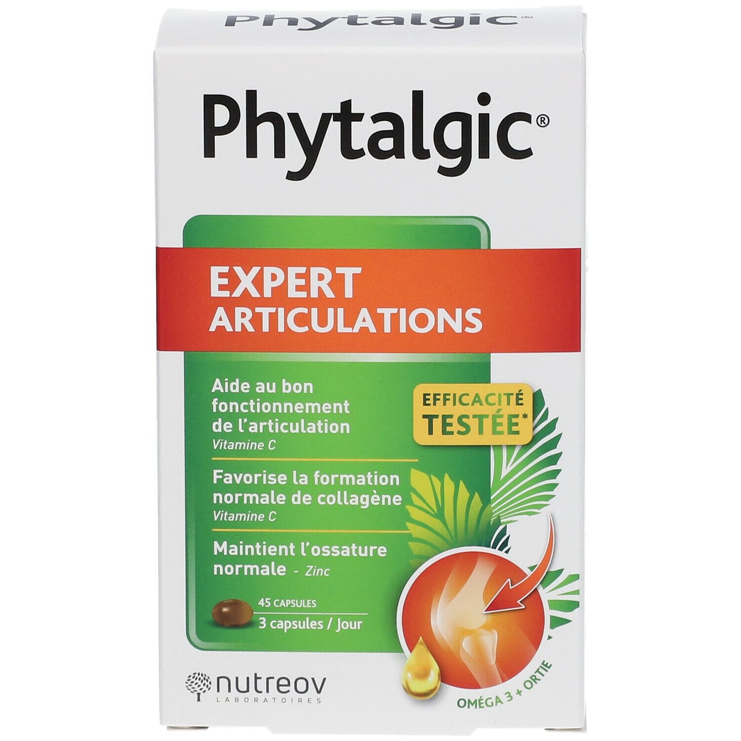 Emballage Phytalgic, Expert Articulations. Contient 45 capsules. Design vert et orange. Marque Nutreov. Efficacité testée.