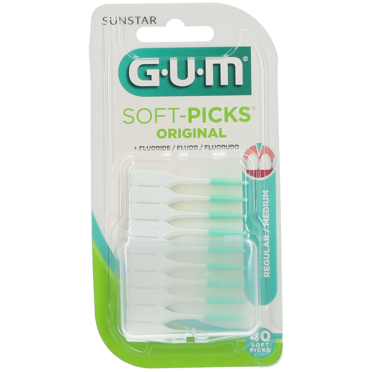 Emballage de GUM Soft-Picks Original. Contient 40 bâtonnets interdentaires à pointes blanches et manches menthe. Marque SUNSTAR.