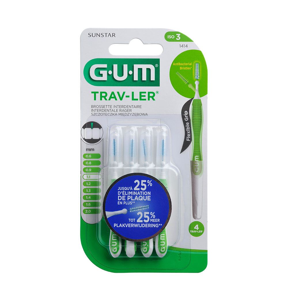 Blister de brossettes interdentaires GUM® Trav-ler. 4 pièces, 1,1 mm. Manche vert, brins bleus. Soies antibactériennes.
