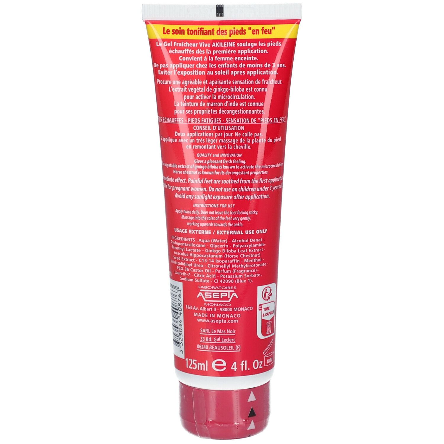 Tube rouge et blanc. Texte: AKILEINE, 125ml. Pour les pieds. Avec Ginkgo Biloba. Gel rafraîchissant.