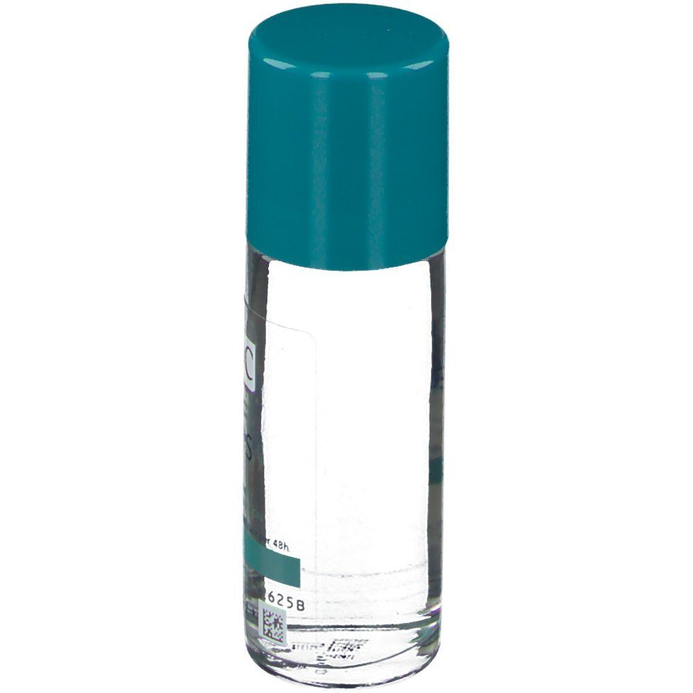 Déodorant roll-on Keops avec bouchon bleu. Flacon transparent.