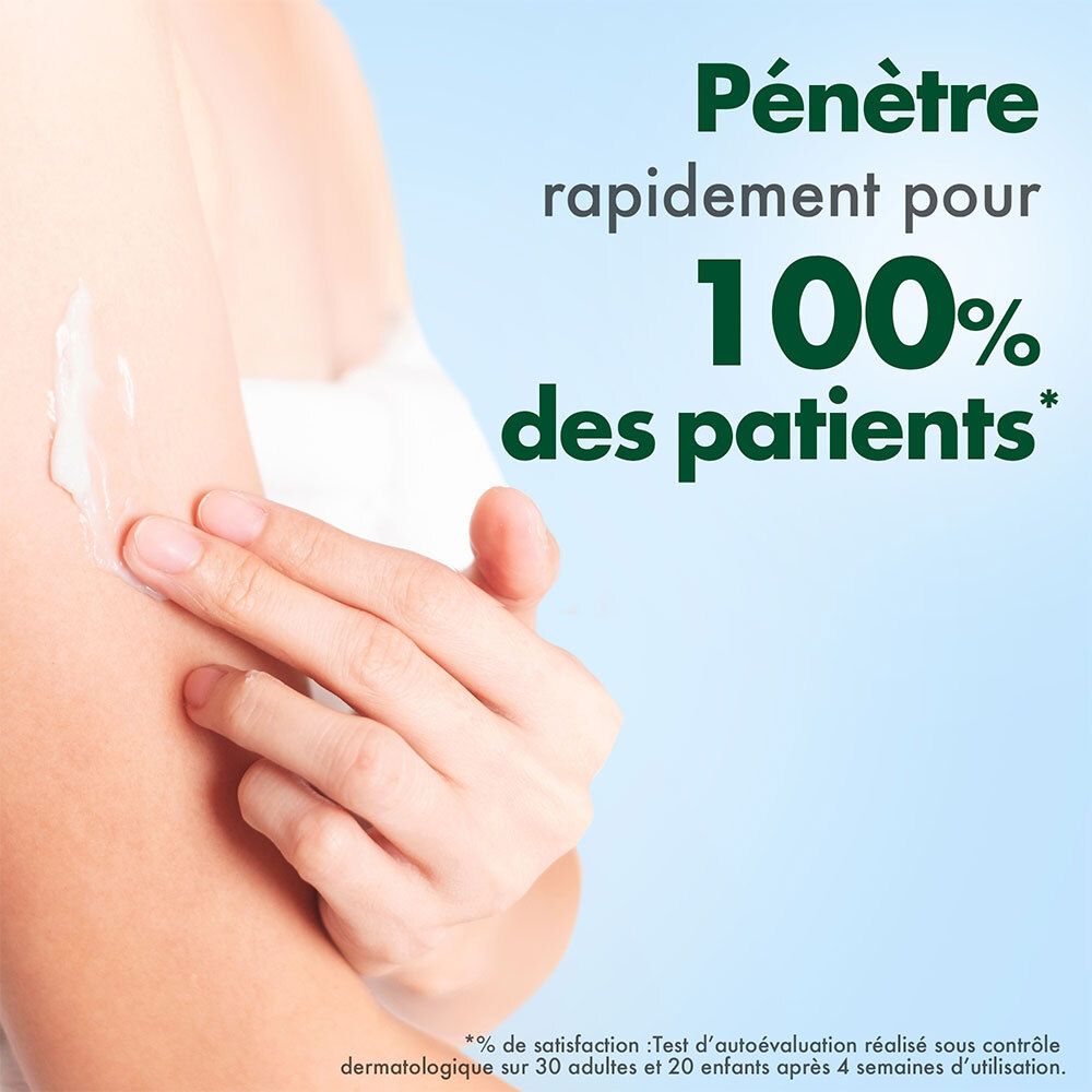 Bras avec application de lotion. Texte: Pénètre rapidement pour 100% des patients*. *Test d'autoévaluation.