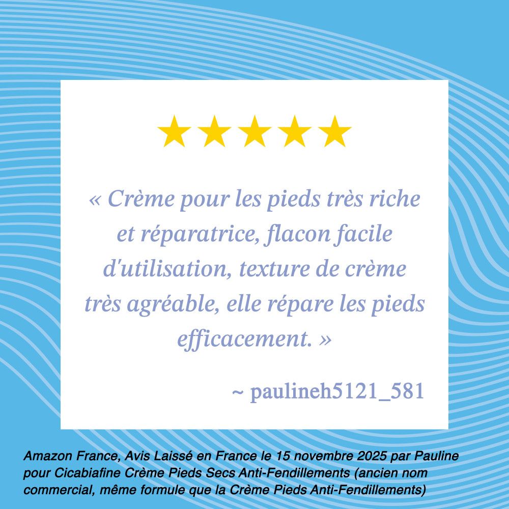 Avis client avec 5 étoiles. Texte : Crème pour les pieds très riche et réparatrice. Flacon facile d'utilisation.