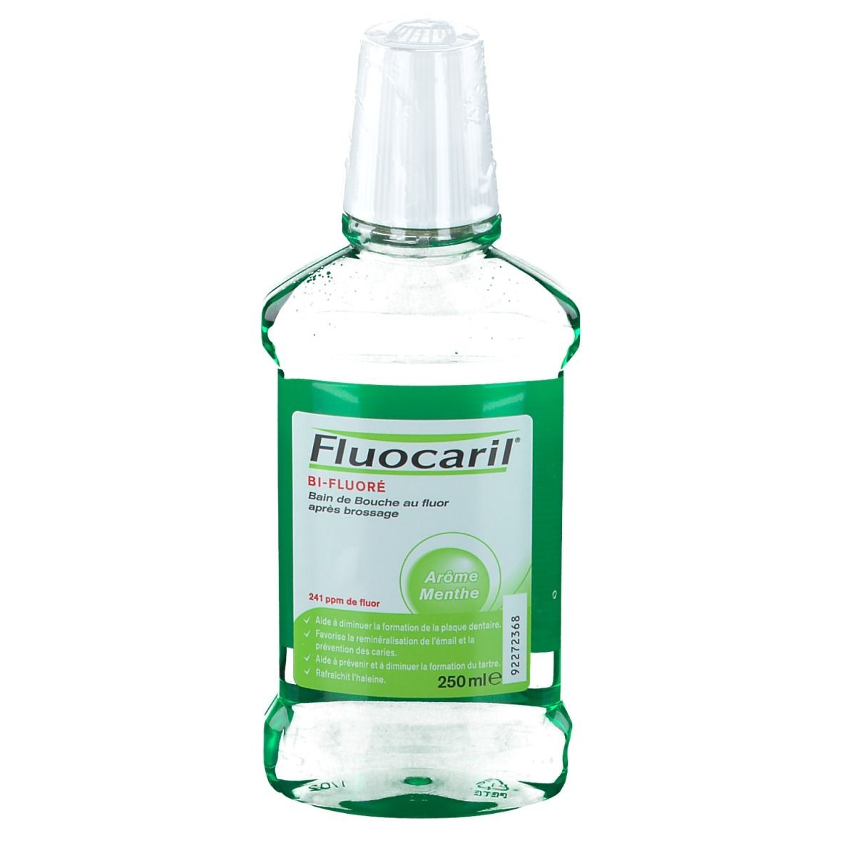 Flacon de bain de bouche Fluocaril, étiquette verte. Inscription: Bi-Fluoré, Aroma Menthe. Liquide transparent.