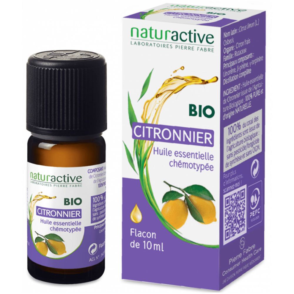 Flacon en verre brun et carton. Inscription: Naturactive BIO Citronnier. Illustration de citrons. Flacon avec bouchon noir.