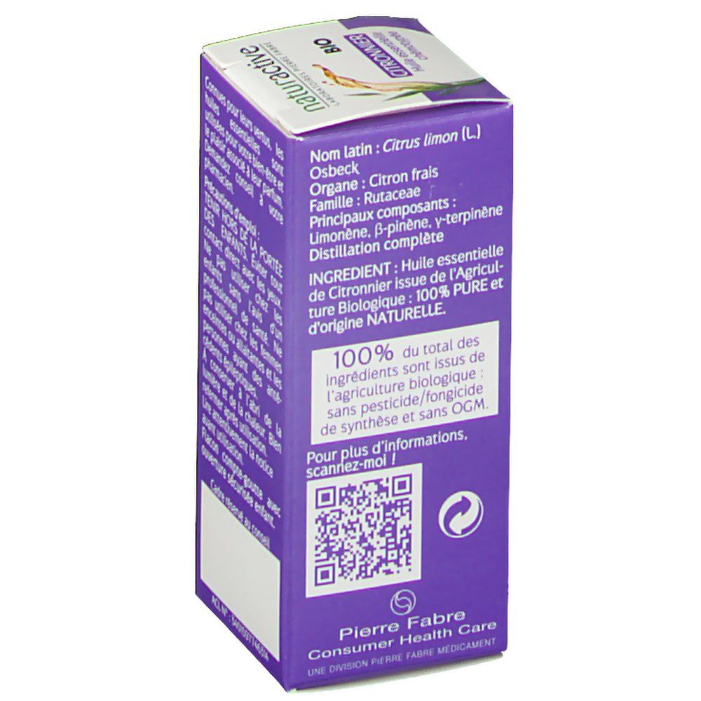Boîte en carton avec texte. Inscription: Naturactive BIO Citronnier. Ingrédients et code QR. Violet et blanc.