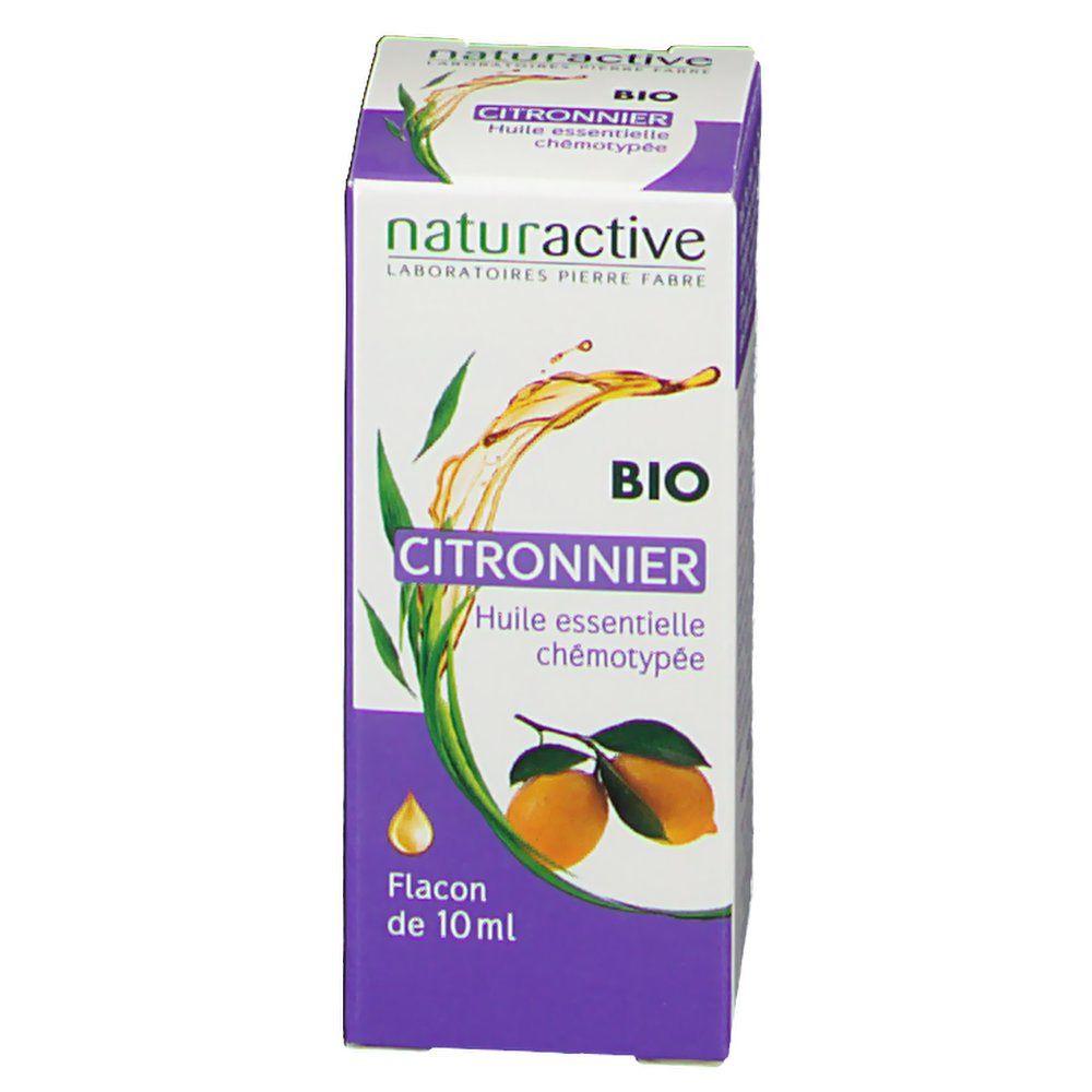 Boîte en carton. Inscription: Naturactive BIO Citronnier. Illustration de citrons. Violet et blanc.