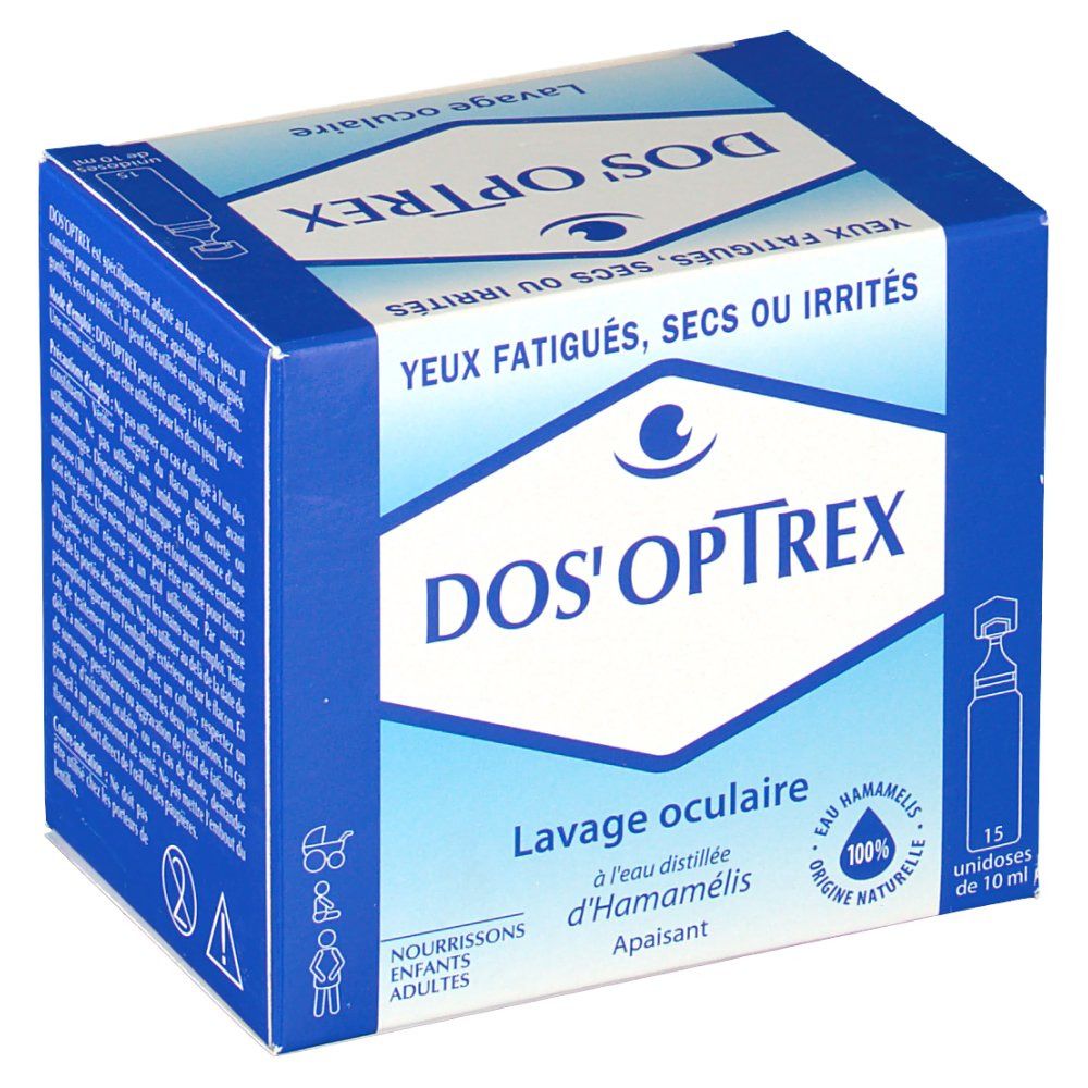 Boîte bleue et blanche DOS'OPTREX. Inscription : Yeux fatigués, secs ou irrités. Contient 15 unidoses. Lavage oculaire.