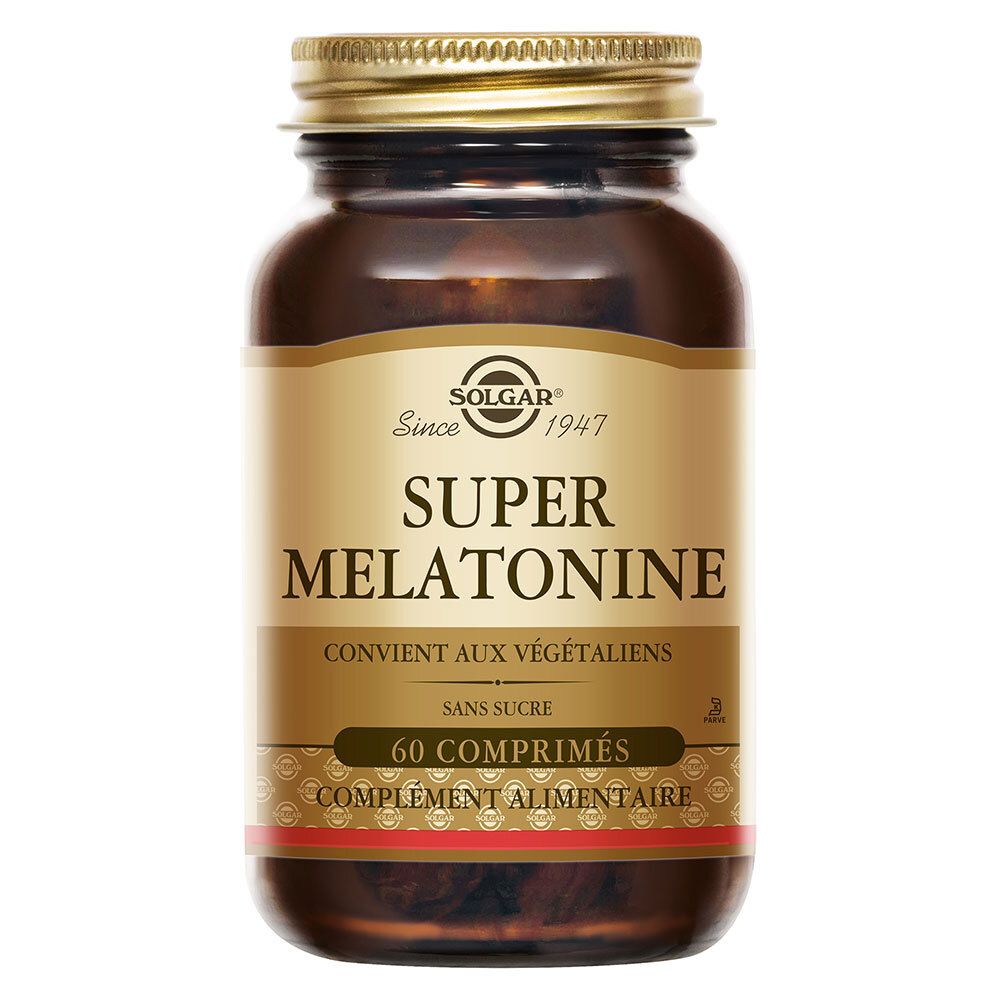 Solgar Super Mélatonine 1mg, 60 comprimés en flacon de verre brun.