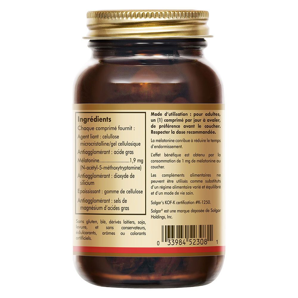 Arrière du flacon Solgar Super Mélatonine 1mg avec ingrédients et mode d'emploi.