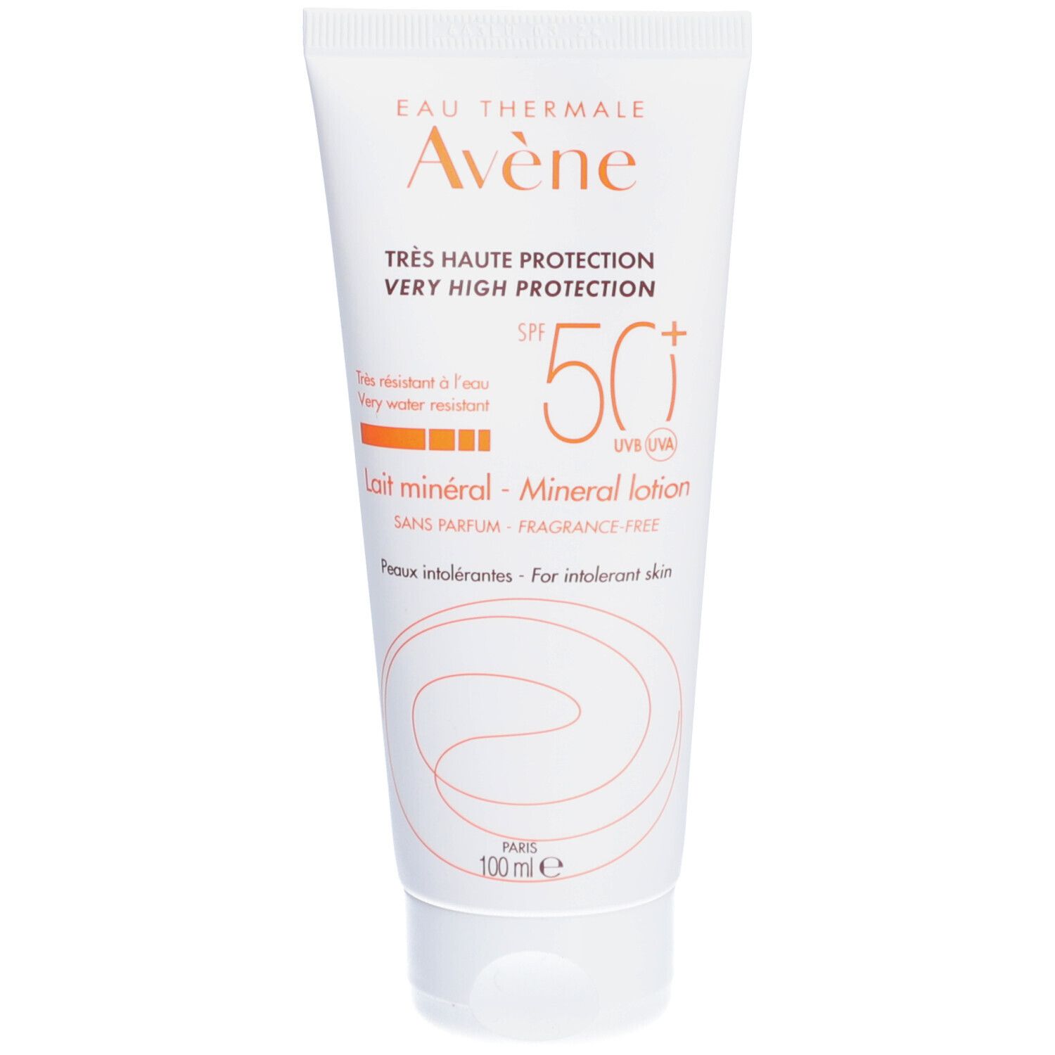 Tube blanc de crème solaire. Inscription: Eau Thermale Avène, Très Haute Protection, Lait minéral, SPF 50+. 100 ml.