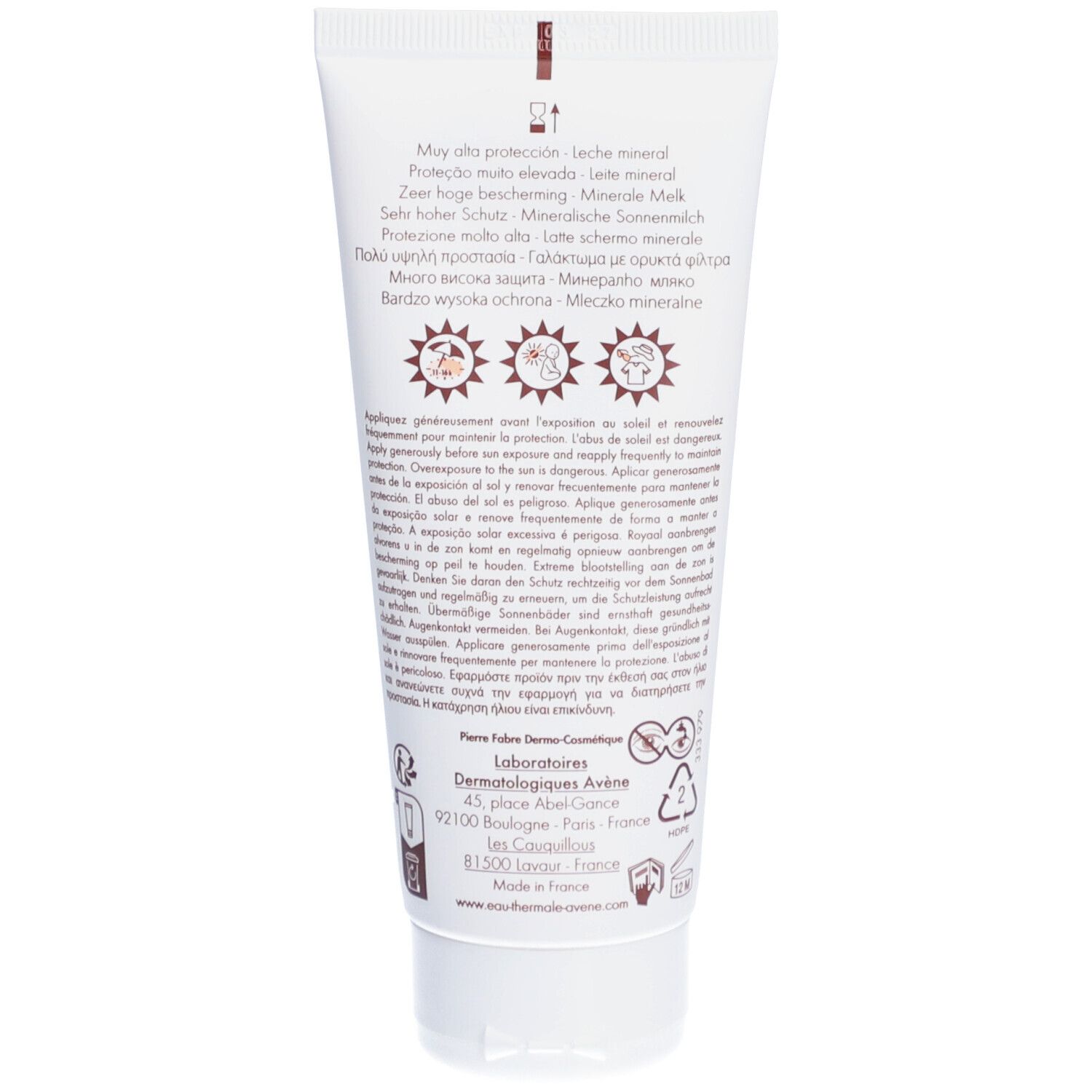 Dos d'un tube de crème solaire. Texte multilingue. Illustrations de rayons de soleil et de protection de la peau.