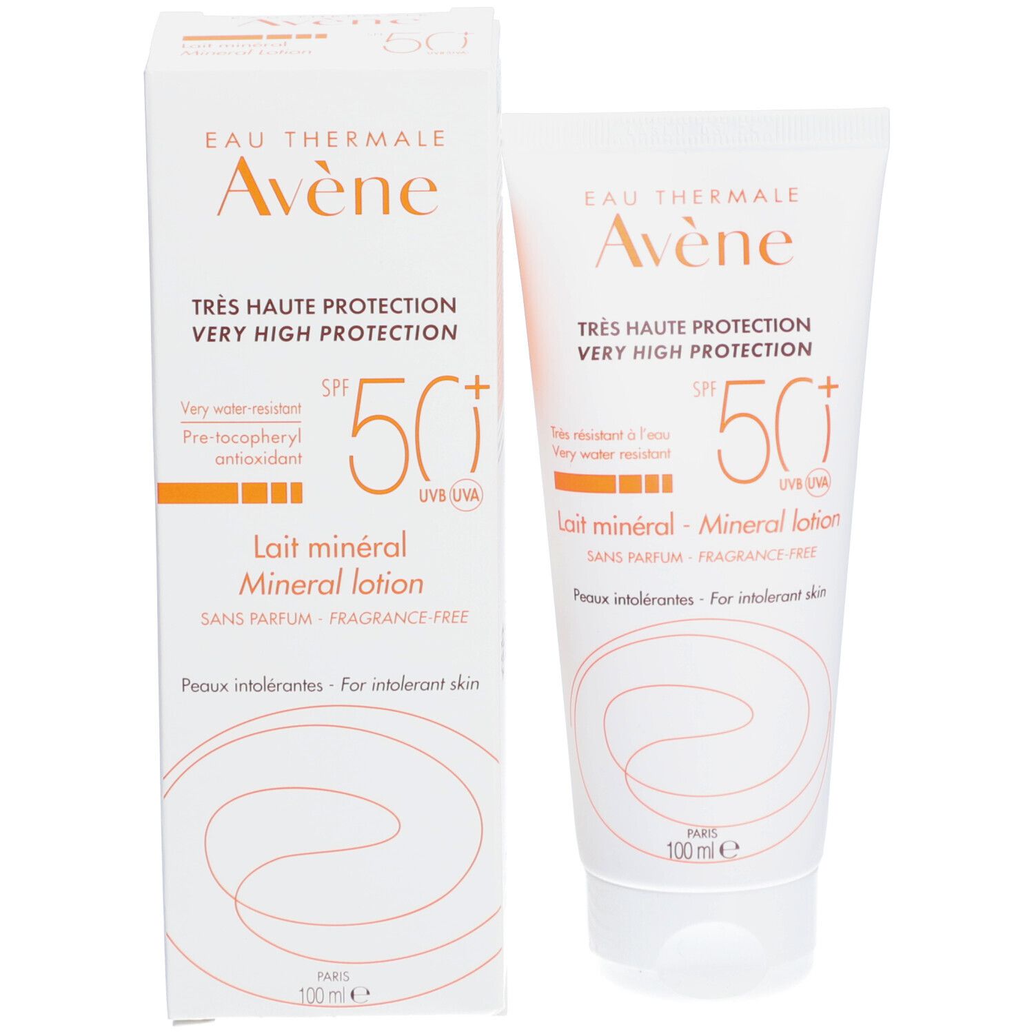Tube et emballage de crème solaire. Inscription: Eau Thermale Avène, Très Haute Protection, Lait minéral, SPF 50+. 100 ml.