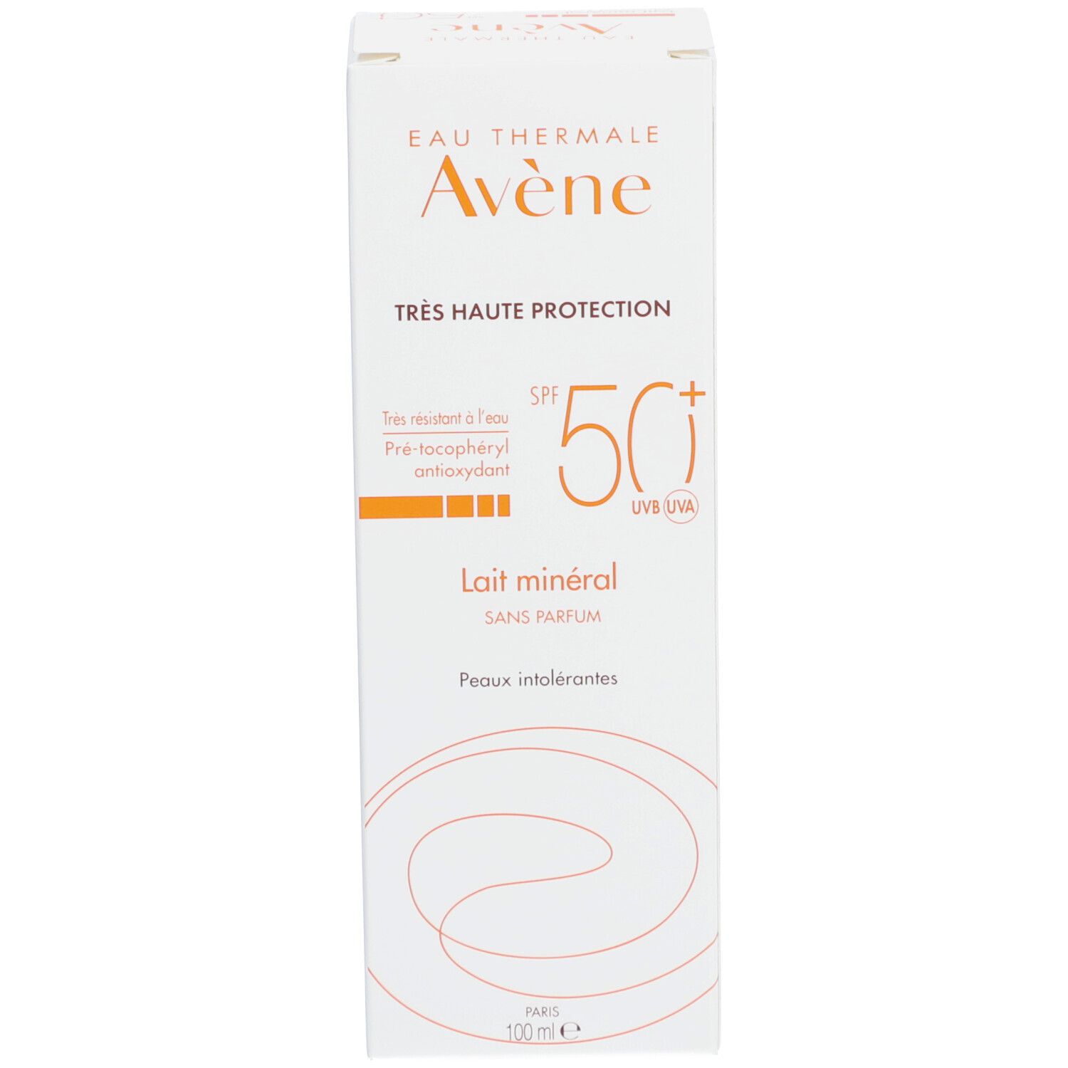 Emballage de crème solaire. Inscription: Eau Thermale Avène, Très Haute Protection, Lait minéral, SPF 50+.