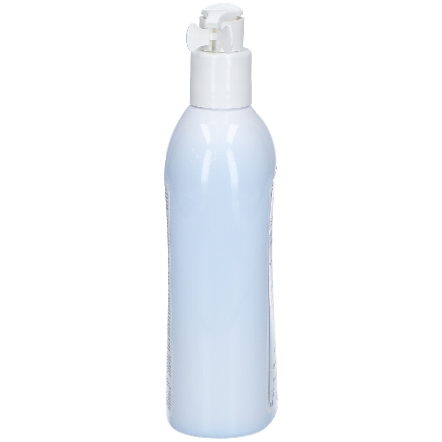 Flacon bleu clair avec pompe doseuse, vue latérale. Aucun autre détail visible.