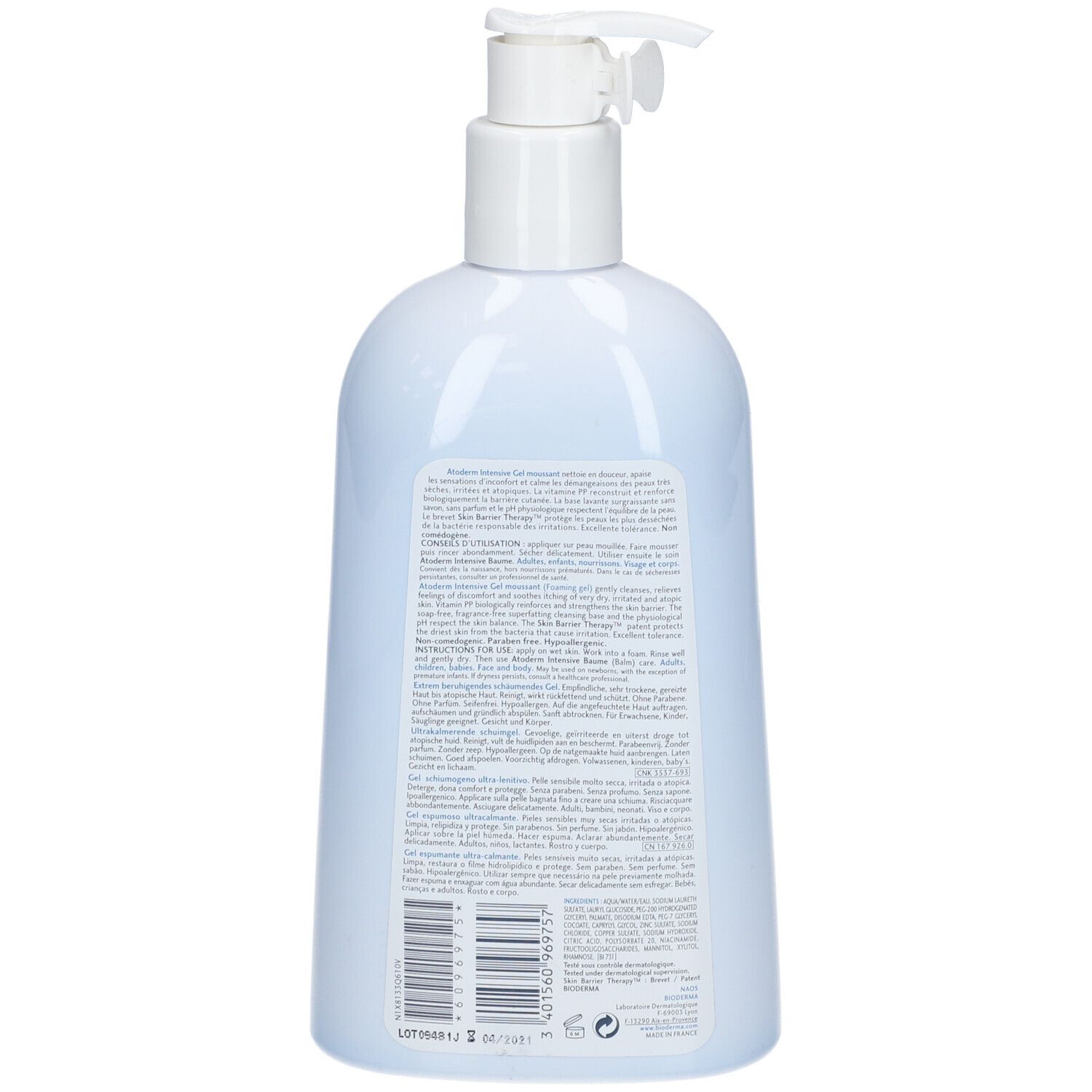 Dos du flacon bleu clair avec pompe doseuse. Texte multilingue. Code-barres.