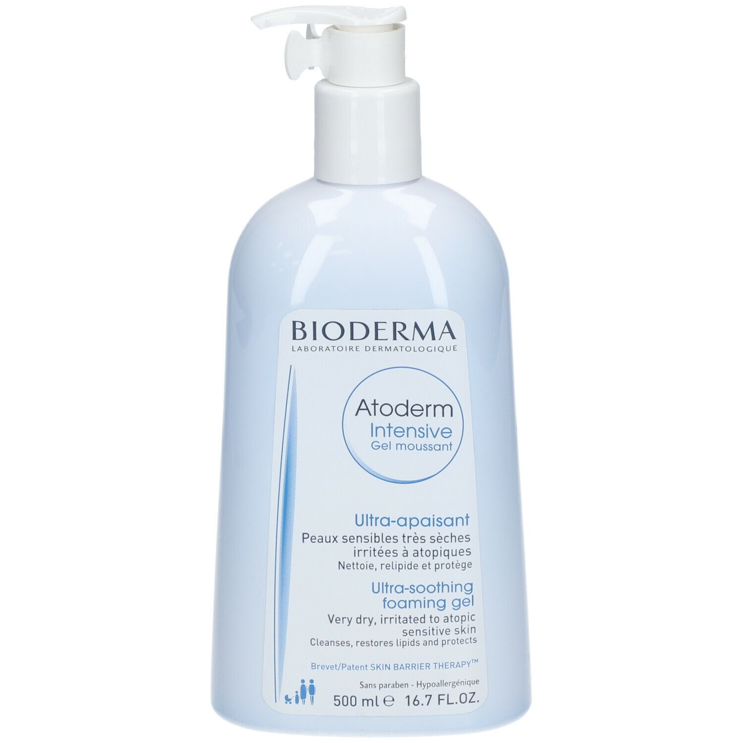 Flacon bleu clair avec pompe doseuse. Inscription: BIODERMA, Atoderm Intensive, Ultra-soothing foaming gel. 500 ml.