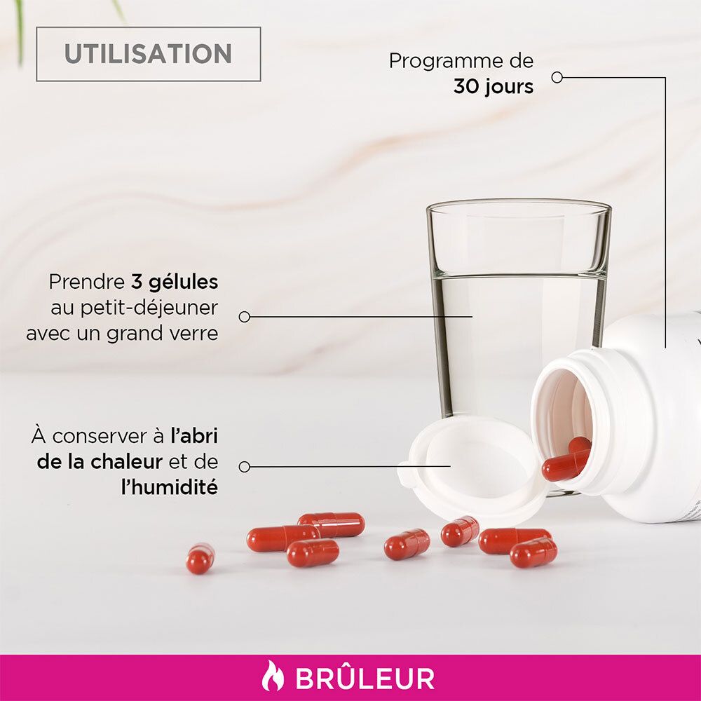 Gélules du produit à côté d'un verre d'eau et d'un flacon ouvert. Mode d'emploi: 3 gélules au petit-déjeuner.