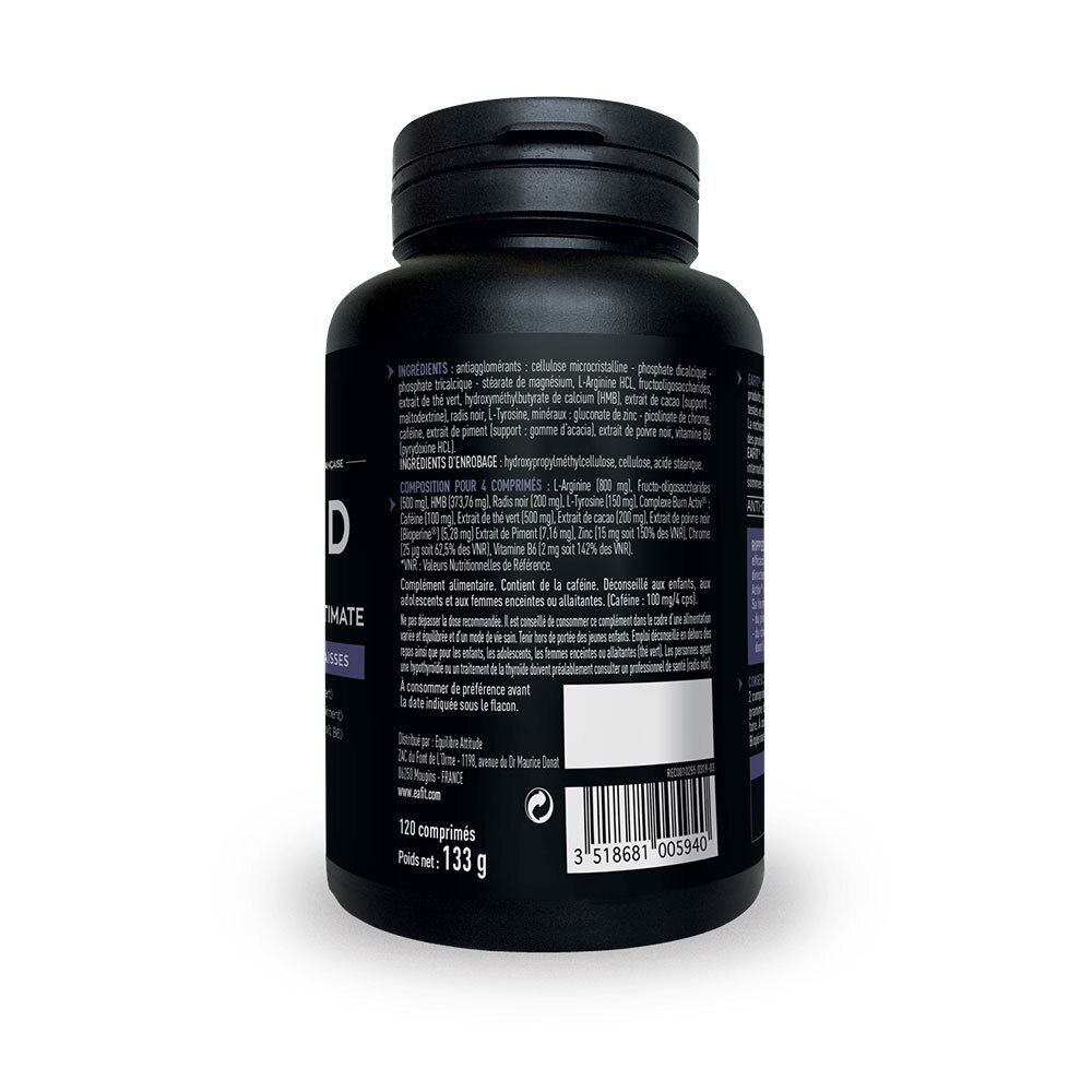 Dos du flacon noir de gélules. Texte: ingrédients, informations nutritionnelles, fabricant.