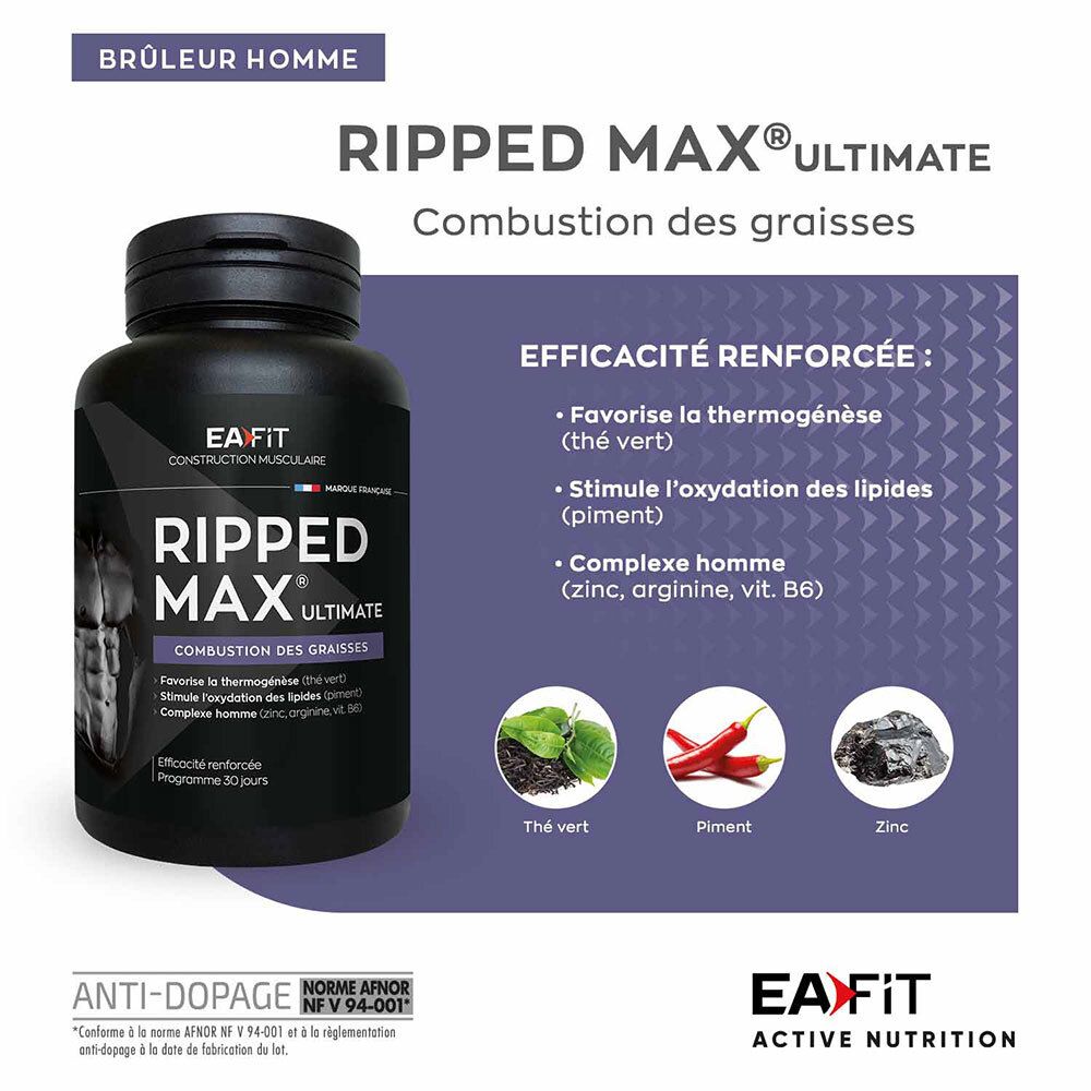 Flacon de produit avec informations. Texte: RIPPED MAX Ultimate, combustion des graisses, EA Fit.