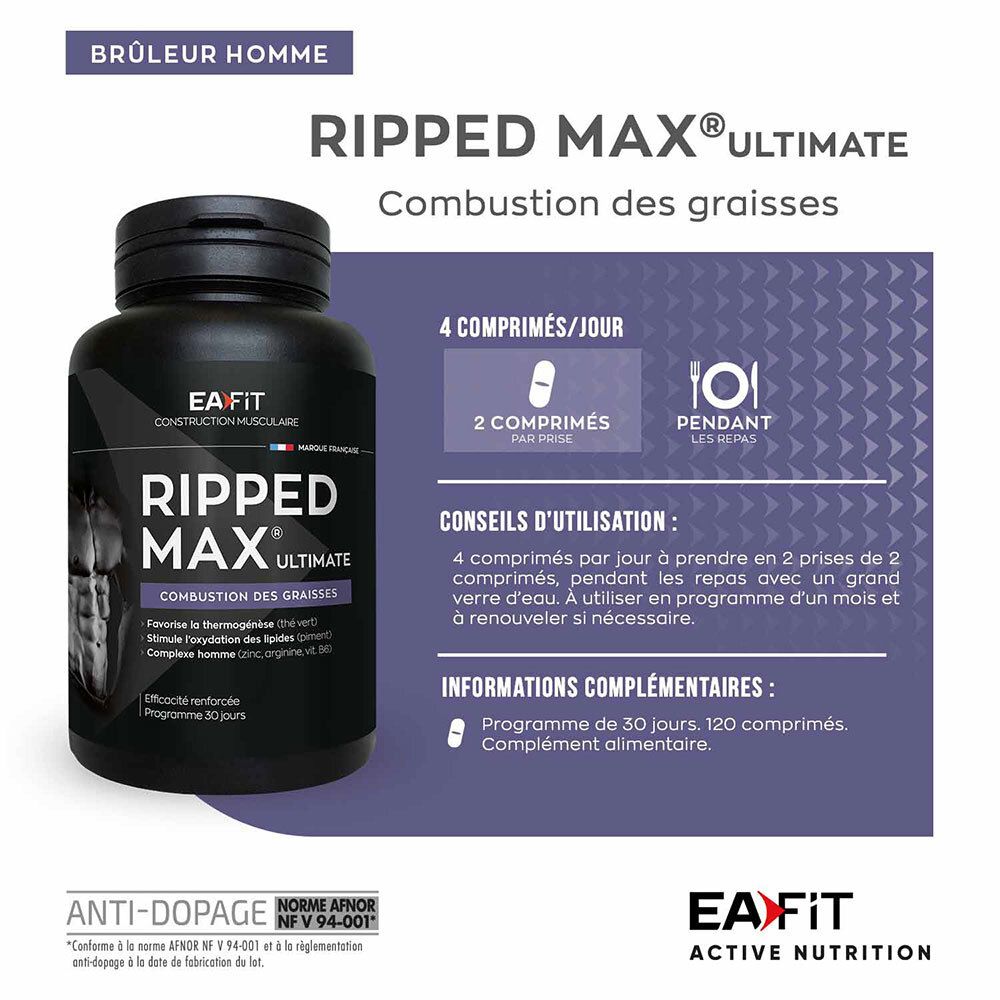 Flacon de produit avec conseils d'utilisation et dosage. Texte: RIPPED MAX Ultimate, EA Fit.