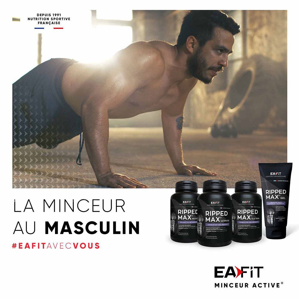 Homme s'entraînant. Produits: flacons et gel EA Fit. Texte: La minceur au masculin.