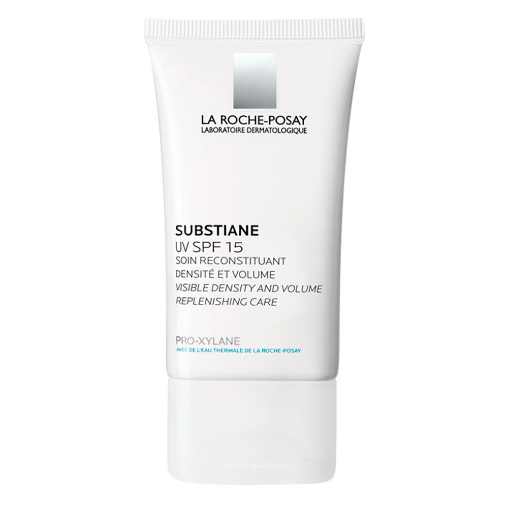 Tube blanc. Inscription: SUBSTIANE UV SPF 15. Marque: LA ROCHE-POSAY. Texte: SOIN RECONSTITUANT, DENSITÉ ET VOLUME.
