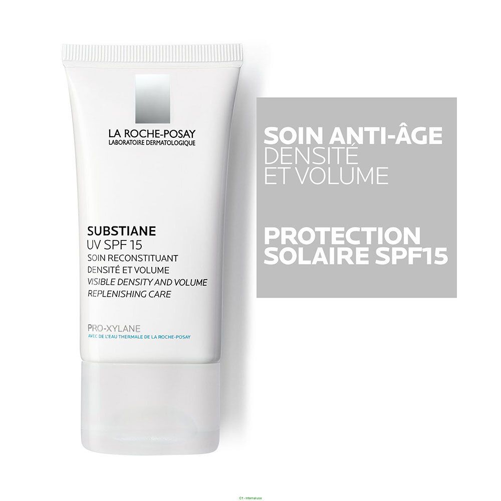 Tube et carte. Inscription: SUBSTIANE UV SPF 15. Marque: LA ROCHE-POSAY. Texte: SOIN ANTI-ÂGE, PROTECTION SOLAIRE SPF15.