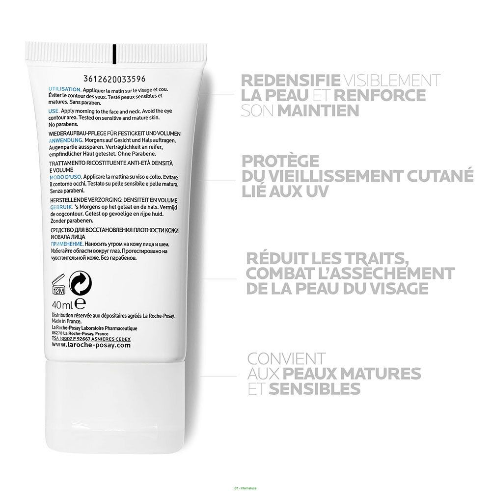 Dos du tube et carte. Texte: instructions d'utilisation, ingrédients, informations fabricant. Volume: 40ml. Marque: LA ROCHE-POSAY.