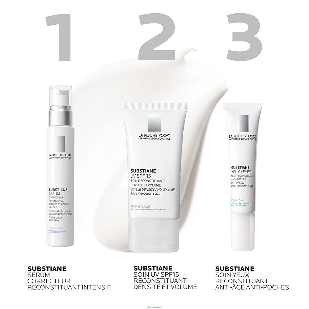 Trois produits côte à côte. SUBSTIANE Sérum, UV SPF 15, crème yeux. Marque: LA ROCHE-POSAY. Texte: RECONSTITUANT, ANTI-ÂGE.