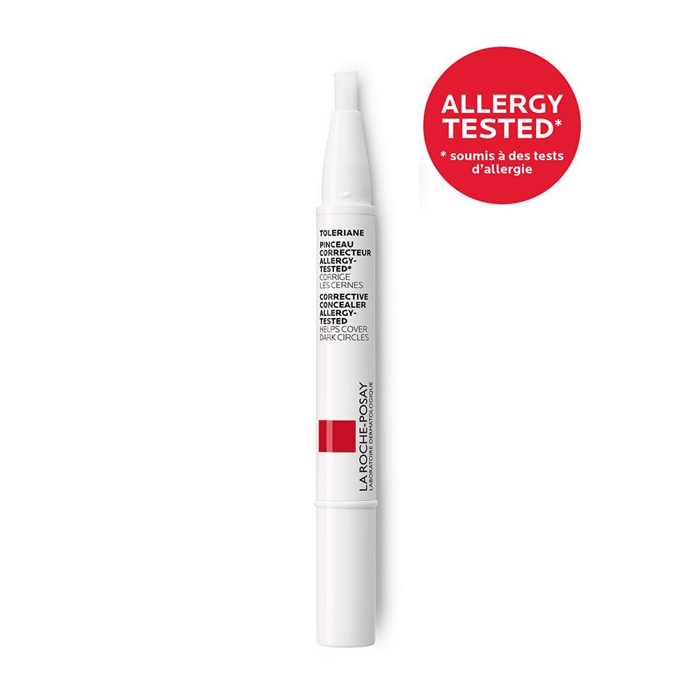 Stylo blanc avec accent rouge. Cercle rouge avec texte: ALLERGY TESTED. LA ROCHE-POSAY.